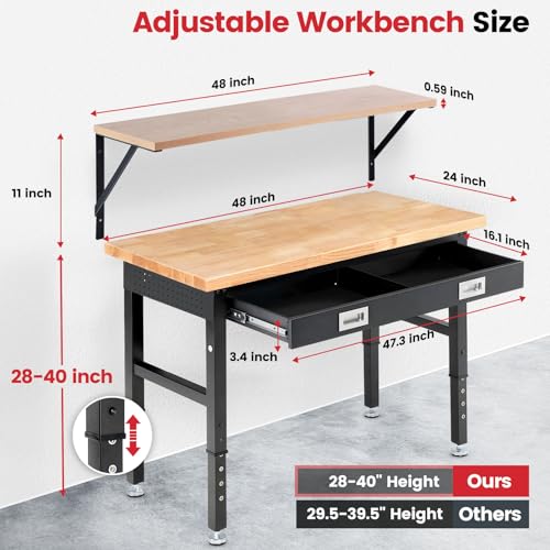 ENJOYWOOD 48" x 24" Heavy Duty Workbench Adjustable Height Garage Work Table with Solid Rubberwood Top, Drawer & Power Outlets for Workshop, Home & Office - size: X-Small
