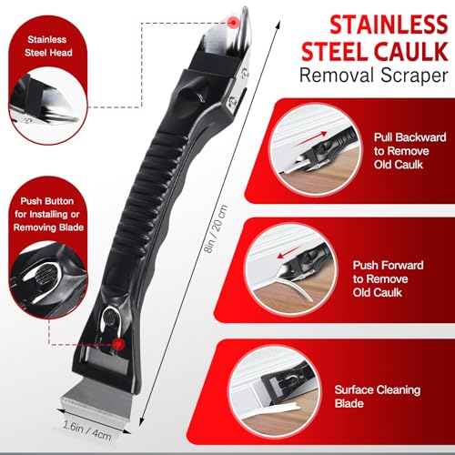 Silicone Caulking Tool Kit, Caulk Remover Tool, Putty Knife Scraper, 3 Glass Glue Corner Scrapers, Grout Removal Tool with Stainless Steel Head for Kitchen Bathroom and Window - style: Caulk Remover Tool