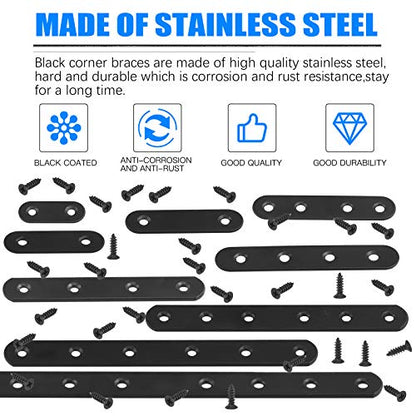 Glarks 8 Sets 250mm Flat Straight Corner Brace Black Metal Joint Plate Connector Repair Fixing Bracket with 70Pcs Screws for Wood Furniture (250x20x3mm) - size: 250x20x3mm