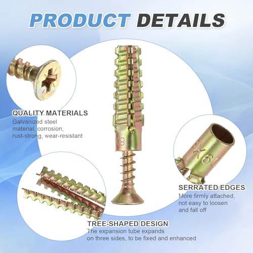 PATIKIL 30 Pcs Drywall Hollow Wall Anchors with Screws 0.24 x 1.57, Steel Dry Wall Anchors Kit for Wooden Concrete Plaster Hinge Hole Repair, Brass (8 x 38mm) - size: 8 x 38mm