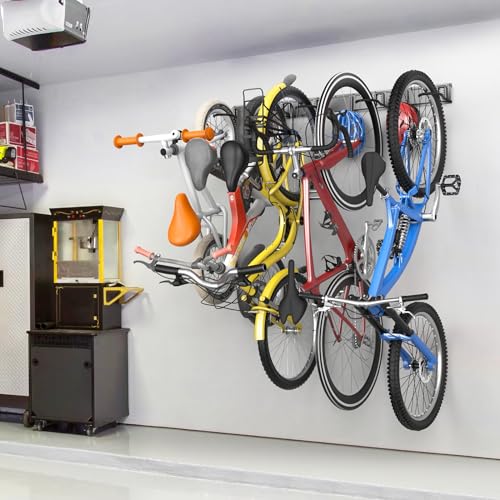 TORACK Wall Mounted Bike Storage Rack, Vertical Bikes Storage for Garage 5 Bikes Hangers for Wall, Modular Bicycle Storage Rack(3 Rails, 5 Bike Hooks, 3 Helmet Hooks)