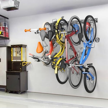 TORACK Wall Mounted Bike Storage Rack, Vertical Bikes Storage for Garage 5 Bikes Hangers for Wall, Modular Bicycle Storage Rack(3 Rails, 5 Bike Hooks, 3 Helmet Hooks)