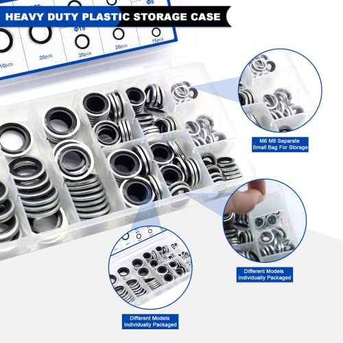 165PCS Bonded Sealing Washers, NBR Metric Zinc-Plated Steel Self-Centred Sealing Rubber Washers, Automotive Seal Gasket Crush O-Ring Assortment Kit Set M6 to M24 - color: 165PCS Black Seal Washers