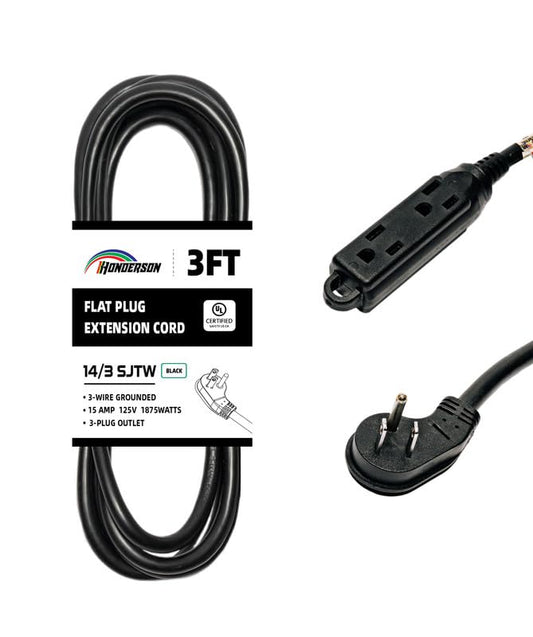 3-Outlets Flat Plug Indoor Extension Cord Outlet Extender, UL Certified, 14 Gauge 3FT Black 3 Prong Heavy Duty, 14/3 SJTW 15A Power Strip - color: Black, size: 3FT, style: 14/3
