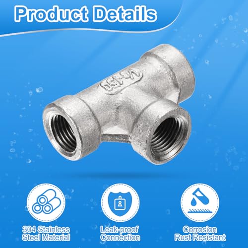 uxcell 4 Pcs 304 Stainless Steel Tee Pipe Fittings G1/8" Female Tee Adapter 3 Way t Shaped Cast Pipe Fitting Connector with Seal Tape for Plumbing Drainage Pipes Heating Systems - size: G1/8"