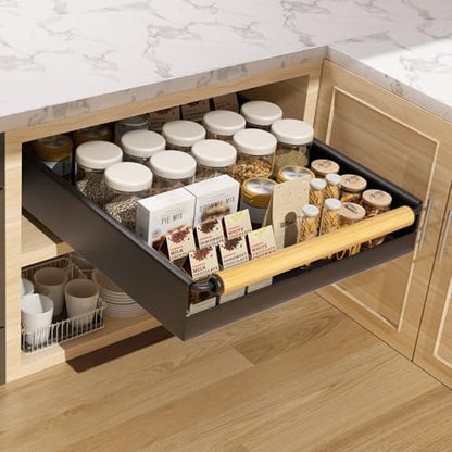 Pull Out Cabinet Organizer, 15.3'' Deep Expandable Slide Out Cabinet Organizer Fixed with Adhesive Nano Film, Slide Out Drawers Pull Out Tray for Cabinet in Kitchen, Pantry, Bathroom, Black - color: Black
