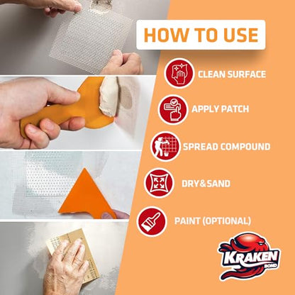 Kraken Bond Drywall Patch Repair Kit - (12x8 fl.oz.) Easy to Use Wall Patch Repair Kit for Drywall Hole & Cracks, Includes Aluminum Self-Adhesive Patch, Grit Sandpaper, Plastic Putty Knife, 12 Pack - size: 12 Pack