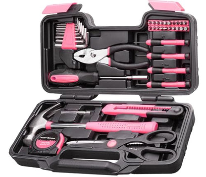 Cartman 39Piece Tool Set General Household Hand Tool Kit with Plastic Toolbox Storage Case Pink - color: pink