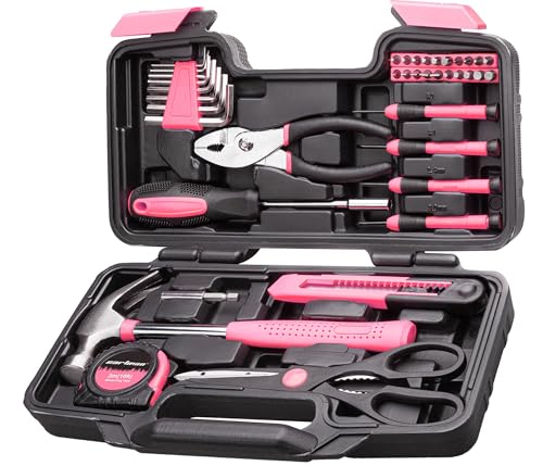 Cartman 39Piece Tool Set General Household Hand Tool Kit with Plastic Toolbox Storage Case Pink - color: pink