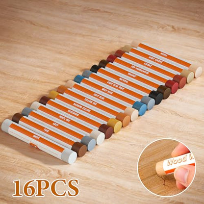 Wood Filler Sticks, 16 Colors Wax Filler Touch Up Pen, Wood Repair Crayons to Fix Scratches, Scuffs, Cracks, Stains and Holes on Hardwood Floors, Furniture, Cabinets, Tables, Doors