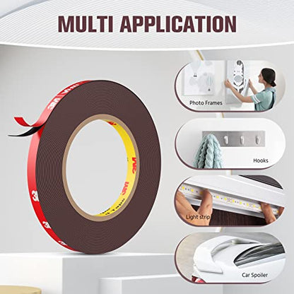Double Sided Tape, Heavy Duty Mounting Tape Waterproof Foam Tape, 32FT Length, 0.39IN Width for LED Strip Lights, Home/ Office Decor, Made of 3M VHB Tape - size: 33ft