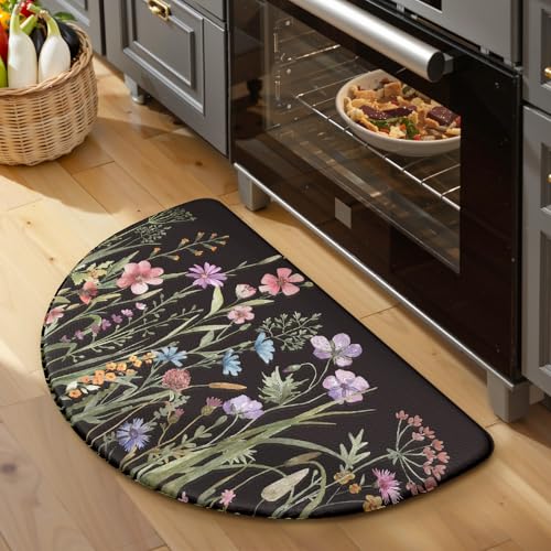 KIMODE Kitchen Mats Cushioned Anti Fatigue, 18"x28" Half Round Floral Kitchen Rug, Non Slip Waterproof Kitchen Floor Mats, Comfort Standing Mats for Laundry Office Sink Desk Black - color: Floral/Black, size: 28"L x 18"W x 0.5"Th