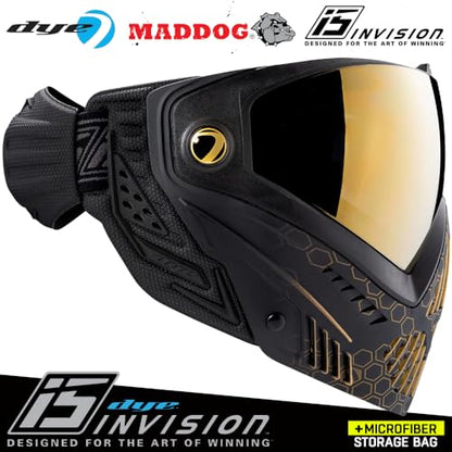 Maddog Dye i5 Thermal Anti-Fog Paintball Airsoft Mask Goggle System Combo with Microfiber Bag | Safety Certified Protection - color: Hypercam Black/Gold Fade