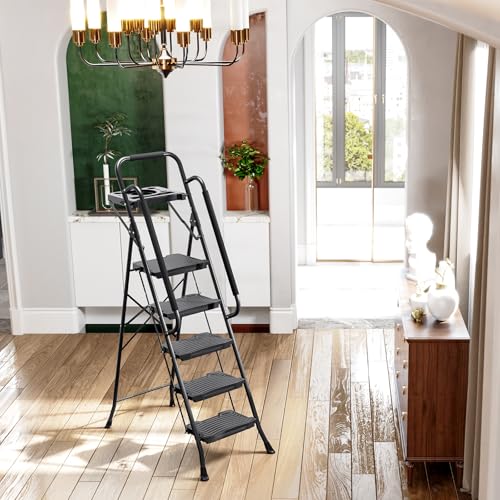 KINGRACK 5 Step Ladder with Tool Platform, 900 lbs Sturdy Step Stool with Handrail, Folding Steel Ladder with Wide Pedal, Safety Ladder for Adults Home Outdoor Painting Garage Office - size: 5-step with tool tray and handrail
