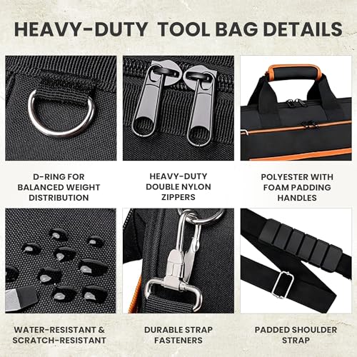 Electrician Tool Bag, 26-Pocket, 17-Inch, Potable Tool Box Organizer with Wide Mouth Opening & Padded Shoulder Strap, Water Resistant Heavy Duty Bag for Mechanics, Contractors, Plumber & Craftsmen