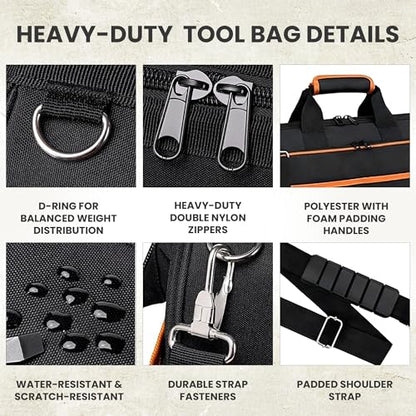 Electrician Tool Bag, 26-Pocket, 17-Inch, Potable Tool Box Organizer with Wide Mouth Opening & Padded Shoulder Strap, Water Resistant Heavy Duty Bag for Mechanics, Contractors, Plumber & Craftsmen