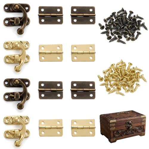 2 Set Retro Design Jewelry Box Hinges and Latches Antique Right Latch Hook and Vintage Hinge Hardware with Matching Screws, Small Hinges for Wooden Boxs Jewelry Ring Box DIY Hand Craft(Bronze, Yellow)