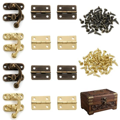 2 Set Retro Design Jewelry Box Hinges and Latches Antique Right Latch Hook and Vintage Hinge Hardware with Matching Screws, Small Hinges for Wooden Boxs Jewelry Ring Box DIY Hand Craft(Bronze, Yellow)