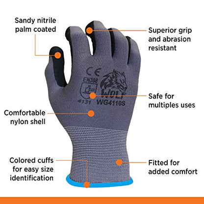 WOLF Ultra-Thin Nitrile Foam Palm Coated Glove with Tacky Dot Grip, Multi Purpose - size: Medium (Pack of 12), style: 13-gauge No Dots