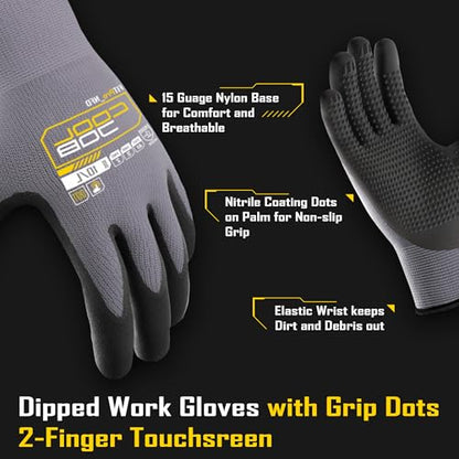 COOLJOB 36 Pairs Nitrile Rubber Dipped Safety Work Gloves with Grip Dots, Seamless Knit Nylon Gloves with 2 Fingers Touchscreen, Non-slip Coated for Warehouse, Home Improvement, Yard, Grey Large - size: Large, style: Smart Touch(36 Pairs)