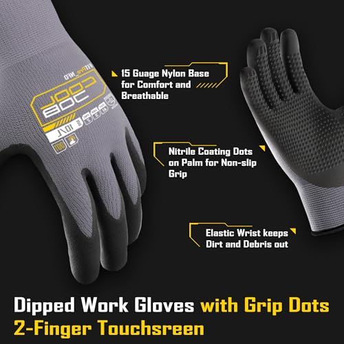 COOLJOB 12 Pairs Nitrile Rubber Dipped Safety Work Gloves with Grip Dots, Seamless Knit Nylon Gloves with 2 Fingers Touchscreen, Non-slip Coated for Warehouse, Home Improvement, Yard, Grey Large - size: Large, style: Smart Touch(12 Pairs)