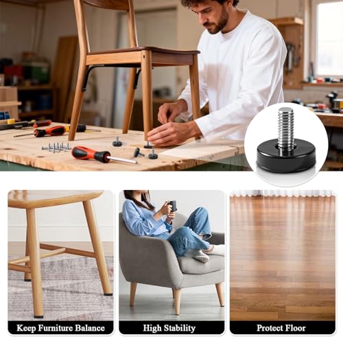 1/4” Thread Leveling Feet, 12 PCS Adjustable Furniture Levelers for Uneven Floors, Heavy Duty Screw-in Table Leg Levelers with Felt Pads, for Table, Cabinets, Chairs, Stool Legs