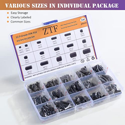 ZTF 530Pcs Metric Set Screw Assortment Kit, M3/4/5/6/8 Grub Screws Internal Hex Drive Set Screws for Bathroom Fixtures, Door Handles knobs, Towel Rack Screws Replacement, 12.9 Grade Alloy Steel - size: back-530pcs