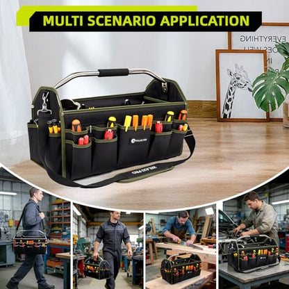 20in Foldable Open Top Tool Bags For Men Heavy Duty, Tool Carrier hard With Handle, Wide Mouth Electrician Tool Tote, Many Pockets Can Hold Many Tool, Green - size: 20INCH