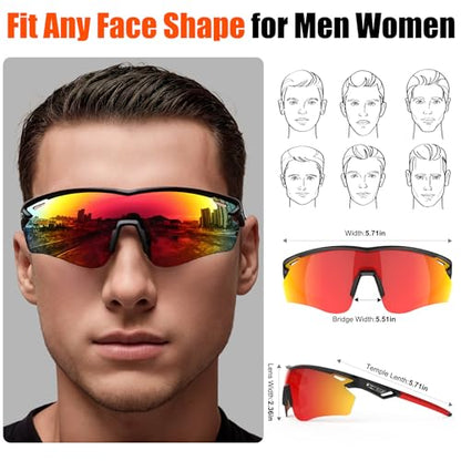 Polarized Sports Sunglasses for Men Women,Wrap Around Sun Glasses for Running Cycling Baseball Fishing Golf Hiking - color: Black Red