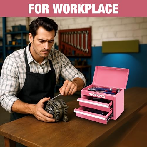 WORKPRO Metal Mini Tool Box, Top Tool Chest containing Two Drawers with Ball Bearing Slides, PVC Drawer Liners and PP Feet Pads, Cold Rolled Steel Small Toolbox for Multi-Purpose Storage - Pink Ribbon - color: Pink