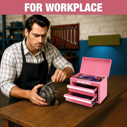 WORKPRO Metal Mini Tool Box, Top Tool Chest containing Two Drawers with Ball Bearing Slides, PVC Drawer Liners and PP Feet Pads, Cold Rolled Steel Small Toolbox for Multi-Purpose Storage - Pink Ribbon - color: Pink