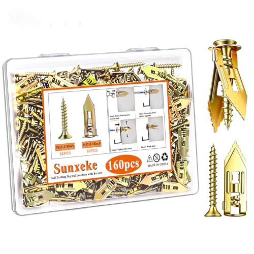160Pcs Self Drilling Drywall Anchors with Screws Kit,80 Sheetrock Anchors & 80 Zinc Expansion Screws,No Drill Needed Wall Anchors with Screws,Hold Up to 66lbs for Picture Frame,Shelves - size: 0.47x1.18 inch-160PCS