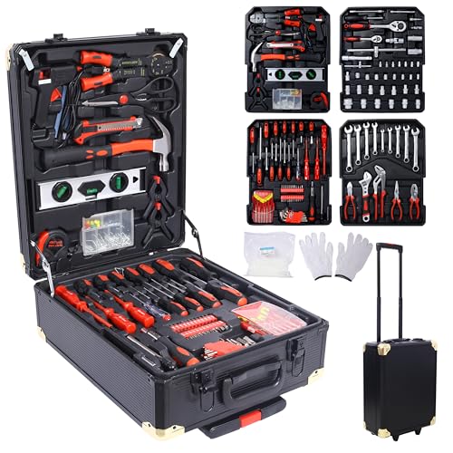 969pcs Home Repair Tool Set Kit, Toolbox Storage Case with 4 Drawers, General Household Tool Kit with Rolling Tool Box, Tool Set Kit for Maintenance, Garden, Homeowner, Handyman -Black