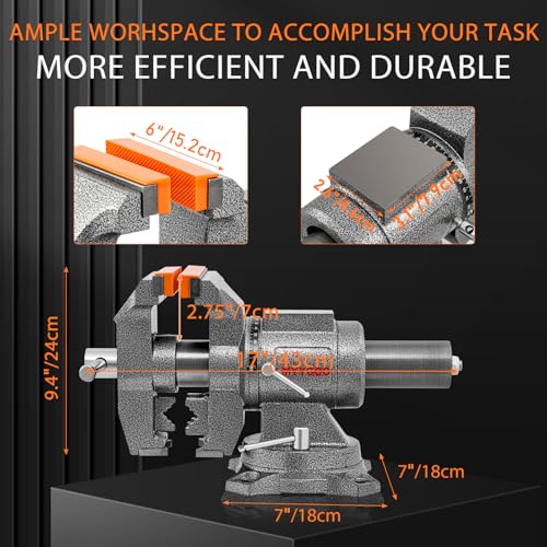 Bench Vise, 6inch Jaw Width 5inch Jaw Opening, 360° Swivel Base, Multipurpose Heavy Duty Workbench Vise with Anvil and 1 Pair Vise Jaw Pad, Table Vise Clamp force 5500LBS - size: 6IN Bench Vise