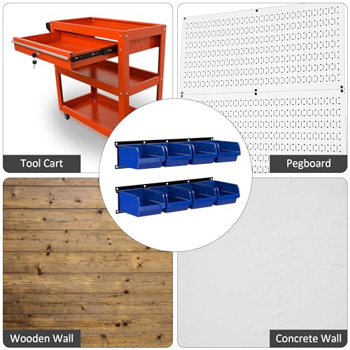 UNITEDPOWER wall mounted garage storage bin, Parts Rack, Plastic Hanging Stackable Storage Bin, Hardware Tool Organizer for workshop, Craft Room, school and Shop, 8 Bins&2 Rails (Blue), Large