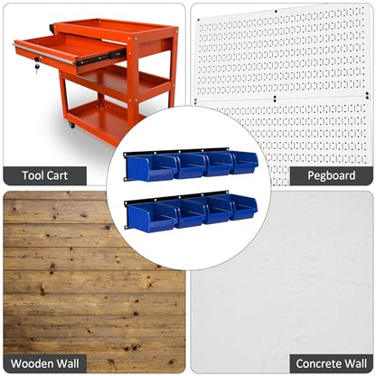 UNITEDPOWER wall mounted garage storage bin, Parts Rack, Plastic Hanging Stackable Storage Bin, Hardware Tool Organizer for workshop, Craft Room, school and Shop, 8 Bins&2 Rails (Blue), Large