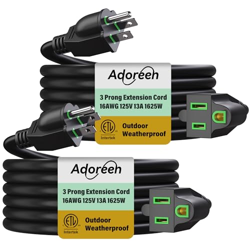 Adoreen Outdoor Power Extension Cord 15 Ft/2 Pack, 3 Prong 16 AWG Grounded Wire Heavy Duty Weatherproof Electric Cable for Indoor Christmas Light Lamp, 13A 125V 1625W, SJTW-ETL- Black with Green - size: 15Ft/2 Pack