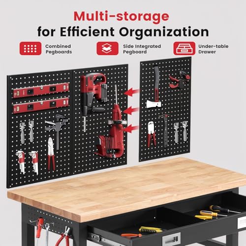 ENJOYWOOD 48" Adjustable Height Workbench with Drawers, Rubberwood Top, Pegboard & Power Outlets, Heavy Duty Work Table for Garage, Workshop & Home - size: XX-Small