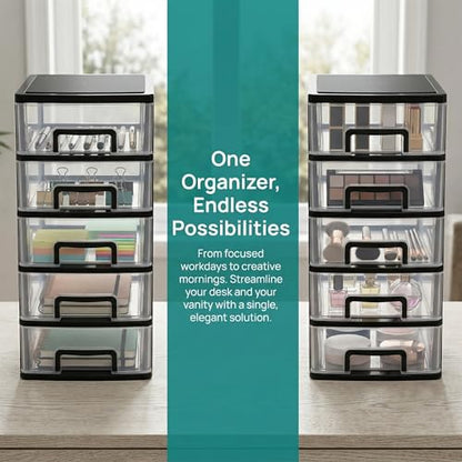 Cabilock 5-Tier Plastic Storage Drawers Clear Desktop Organiser Unit Small Stackable Craft Bins for Office Stationery Makeup Jewellery 31x21x15cm - color: Black