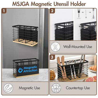MSJGA Magnetic Utensil Holder for Fridge - 3 Compartment Wall Mounted & Countertop Metal Utensil Organizer with Bamboo Base, Kitchen Utensil Caddy for Spoons, Forks, Knives, Black