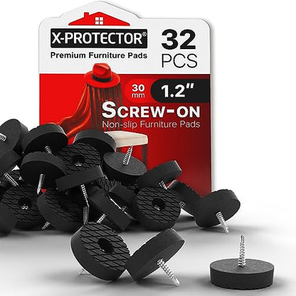 X-Protector Screw On Rubber Feet - 32 PCS 1.2" - Premium Non Slip Furniture Pads - Anti Skid Pads for Furniture Feet - Chair Leg Protectors - Furniture Grippers for All Surfaces - Protect Any Floors! - size: 1.2"