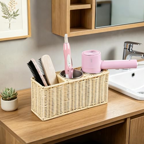Hair Tool Organizer,Wall Mount Curling Iron Holder,Waterproof Wicker Hot Tools Organizer for Hair Dryer,Flat Irons,Curling Wands,Straighteners Storage,in Cabinet,Bathroom,Vanity (Nature) - color: Nature