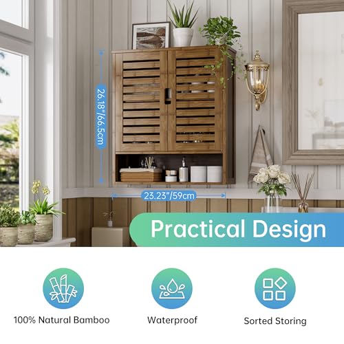 SMIBUY Bathroom Cabinet Wall Mounted, Bamboo Over-The-Toilet Storage Organizer, Space Saver Medicine Cabinet with 2 Door and Adjustable Shelves (Walnut) - color: Walnut