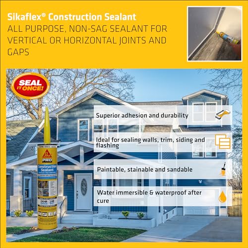 SIKA Sikaflex Construction Sealant - White, All-Purpose Polyurethane for Joints 1/2" or Smaller - 10.1 fl. oz - Weatherproof, High Elasticity, Paintable, Strong Adhesion - color: White
