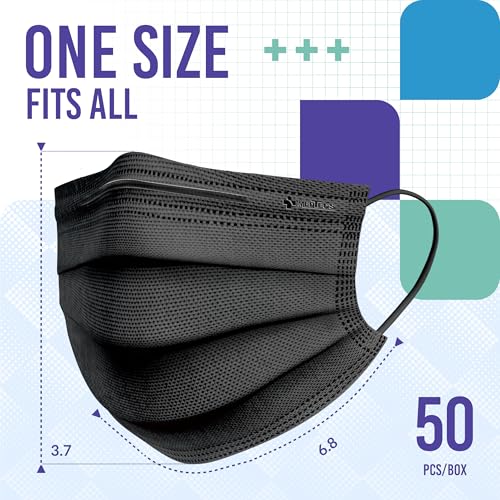 Medtecs Face Mask Disposable – Available in 50 & 2,000 pcs – ASTM Level 1, 3-Ply Breathable, Soft Fit – Adult Size – Ideal for Commuting & Daily Wear - color: 01. Black, size: Adult - 50PC