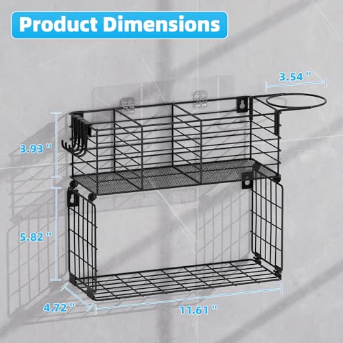 VITVITI Metal Hair Tool Organizer with Toilet Paper Basket, Bathroom Blow Dryer Curling Iron Holder Wall Mount, 2 Tiers Styling Tools Organizer for Straightener with Hooks, Black - color: Black 2 Tiers