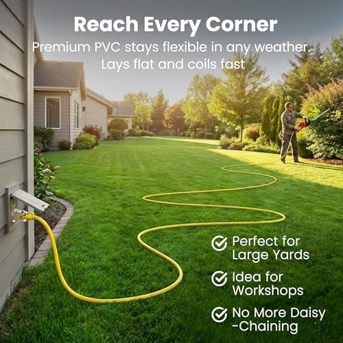 GEARit 100 ft Outdoor Extension Cord 14/3 Gauge SJTW 14 AWG, 3-Prong Heavy Duty Power Cable with Lighted End, 15A 125V 1875W, Waterproof Cord for Tools, Lawn & Garden, Yellow - size: 14 AWG Gauge, style: 100 Feet (SJTW Rated)