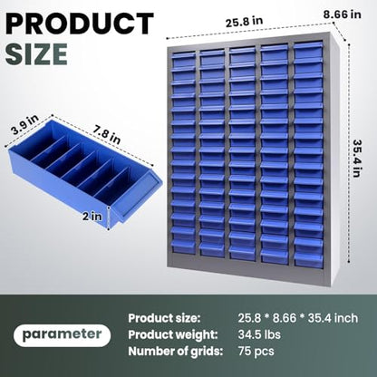 Large Parts Cabinet : 75-Drawer Nut and Bolt Organizer with ABS Drawers, Adjustable Dividers, Labels, 860-Pound Capacity for Hardware Storage (26x9x35In) - size: 75-Drawer