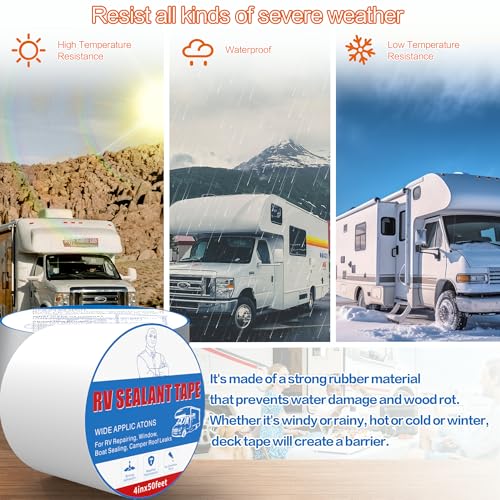 Rv Roof Tape White 4 Inch X 50 Feet, Waterproof Repair Sealant Tape UV-Resistant & Weatherproof Rv Awning Repair Tape for Window, Vent, Boat Sealing, Truck Camper Roof Patch kit Metal Roof Sealant - style: 4in*50ft