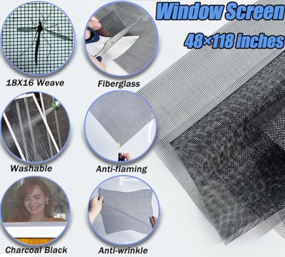 King&Charles Window Screen Door Repair/Replacement Kit, Include Black Screen Mesh 48"x118"+ 2 Roller+50Ft Spline+8Clips+Hook, 6 in 1 Window Mesh Kit, Steel/Nylon Bearing Roller - color: Black, size: 48"×118" Kit